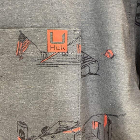 HUK Men's Fishing Shirt LARGE Short Sleeve Button Down Americookin Kona Blue - Picture 4 of 7
